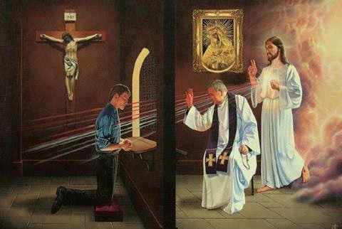 Jesus taking the place of the priest in a confessional
